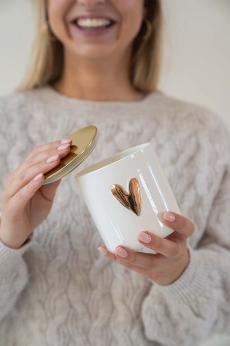 Zusss keramieken geurkaars linnen goud hartje wit