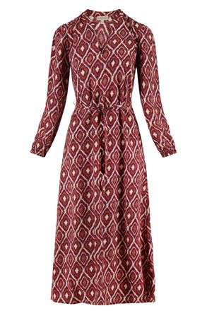 maxi jurk met ikat print zand/roodbruin